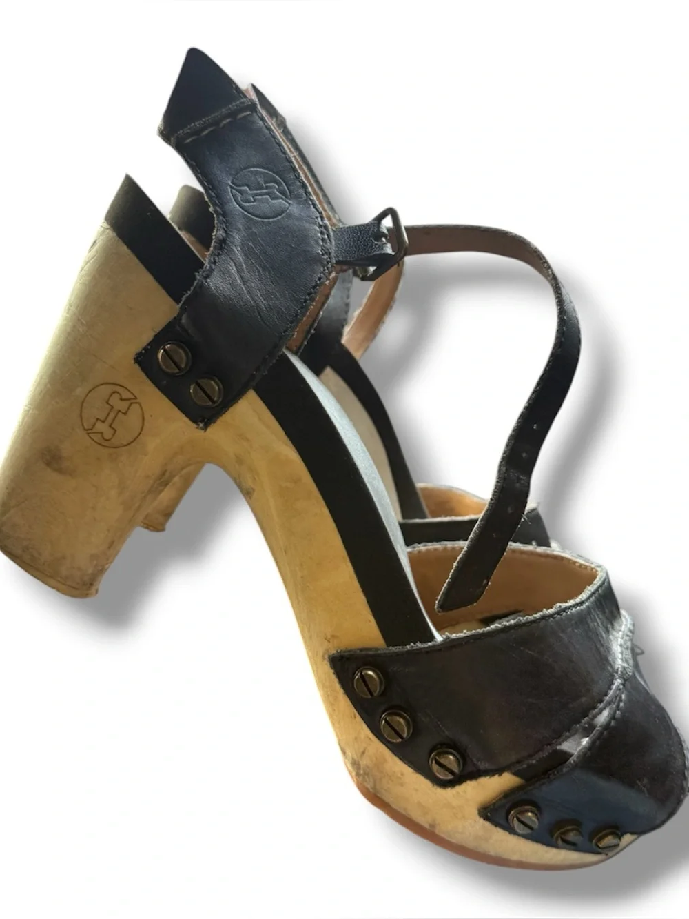 Flogg Heeled Sandals Platform Clog Sandal in Black and Natural Wood Shoes Scandi